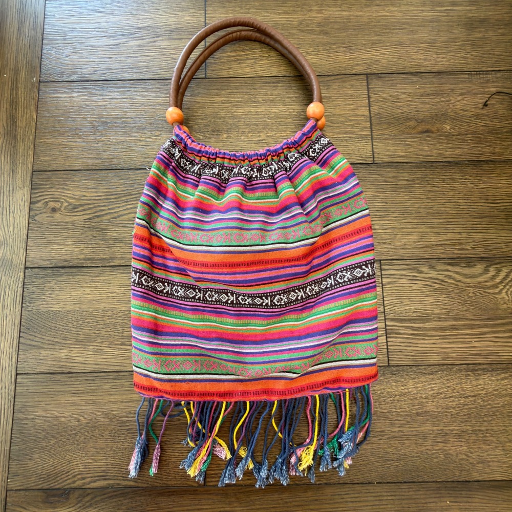 Boho Woven Striped Fringe Hobo Bag Multi Color Geometric Wood Bead Handbag
